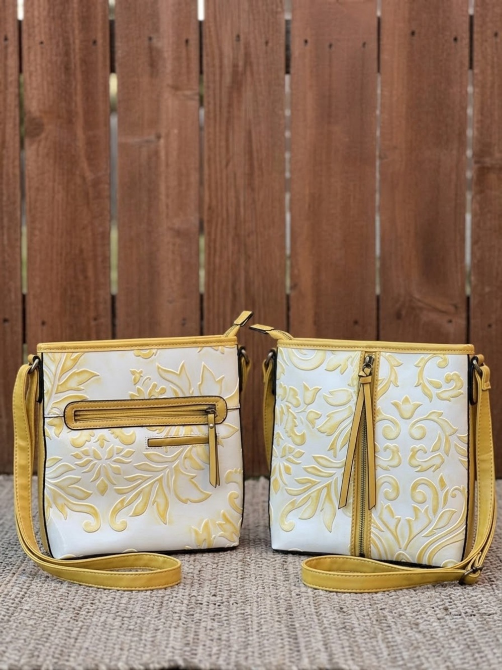 Yellow & White Floral Embossed Crossbody Bag - Women